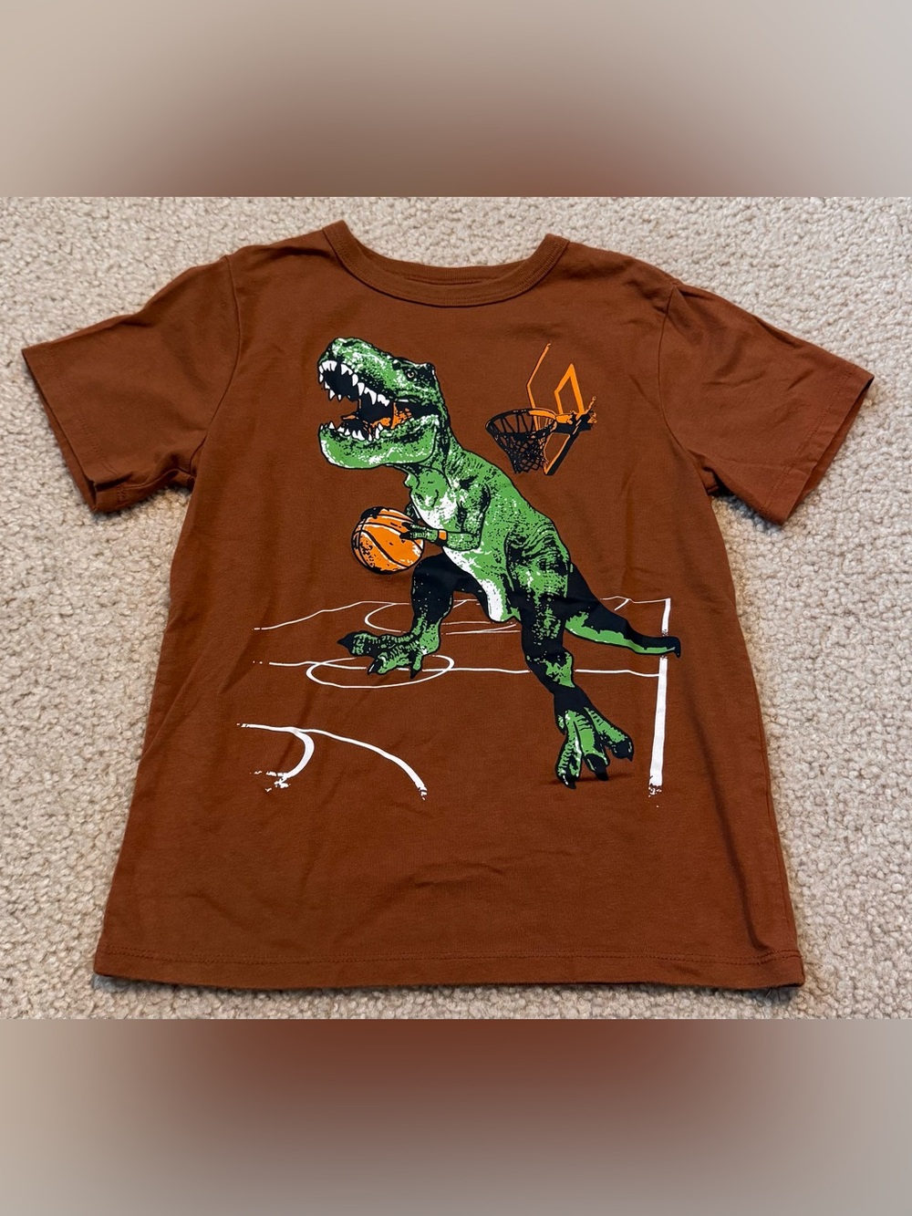 Brown Tee with Green Dinosaur Basketball Graphic Size S (5/6)